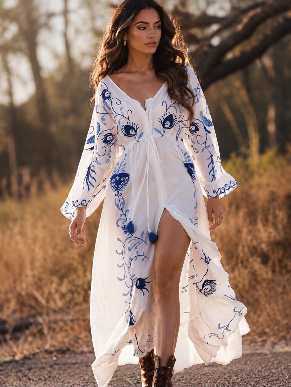 New White Blue Floral Embroidered Boho Maxi Dress Festival Wedding Maternity XL